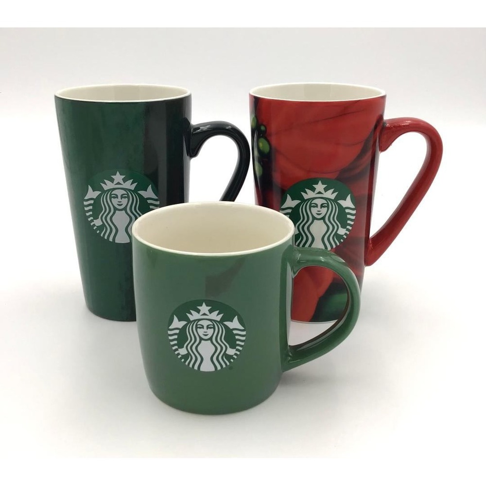 Starbucks Holiday Mug Set 3pc Poinsettia Floral Red Green Siren Logo Ceramic
